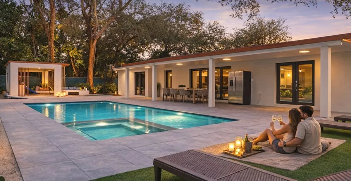 The villa's lit pool and open terrace at dusk