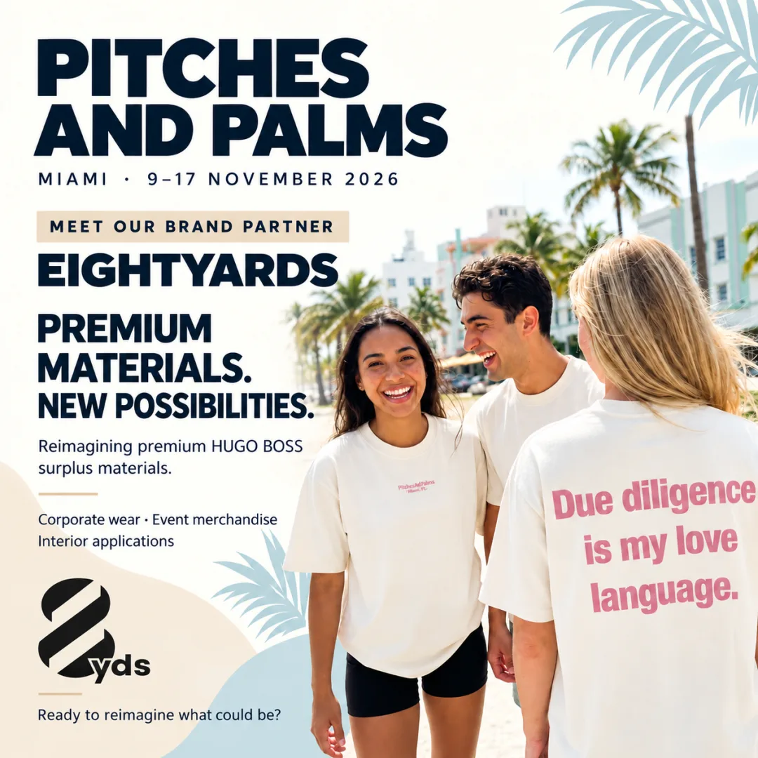 Visual by eightyards, brand partner of Pitches&Palms: three people on Miami Beach wearing the tee, with Due diligence is my love language on the back.