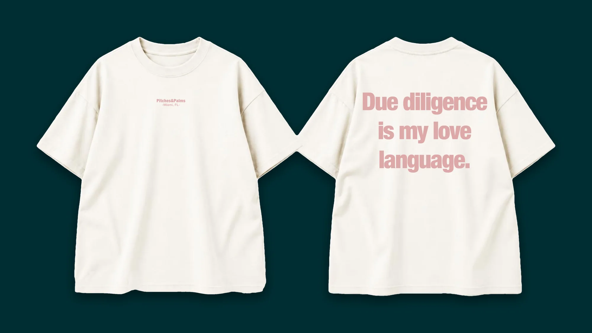 The Pitches&Palms tee in natural white, front and back side by side. A small print on the chest, a large print across the back.