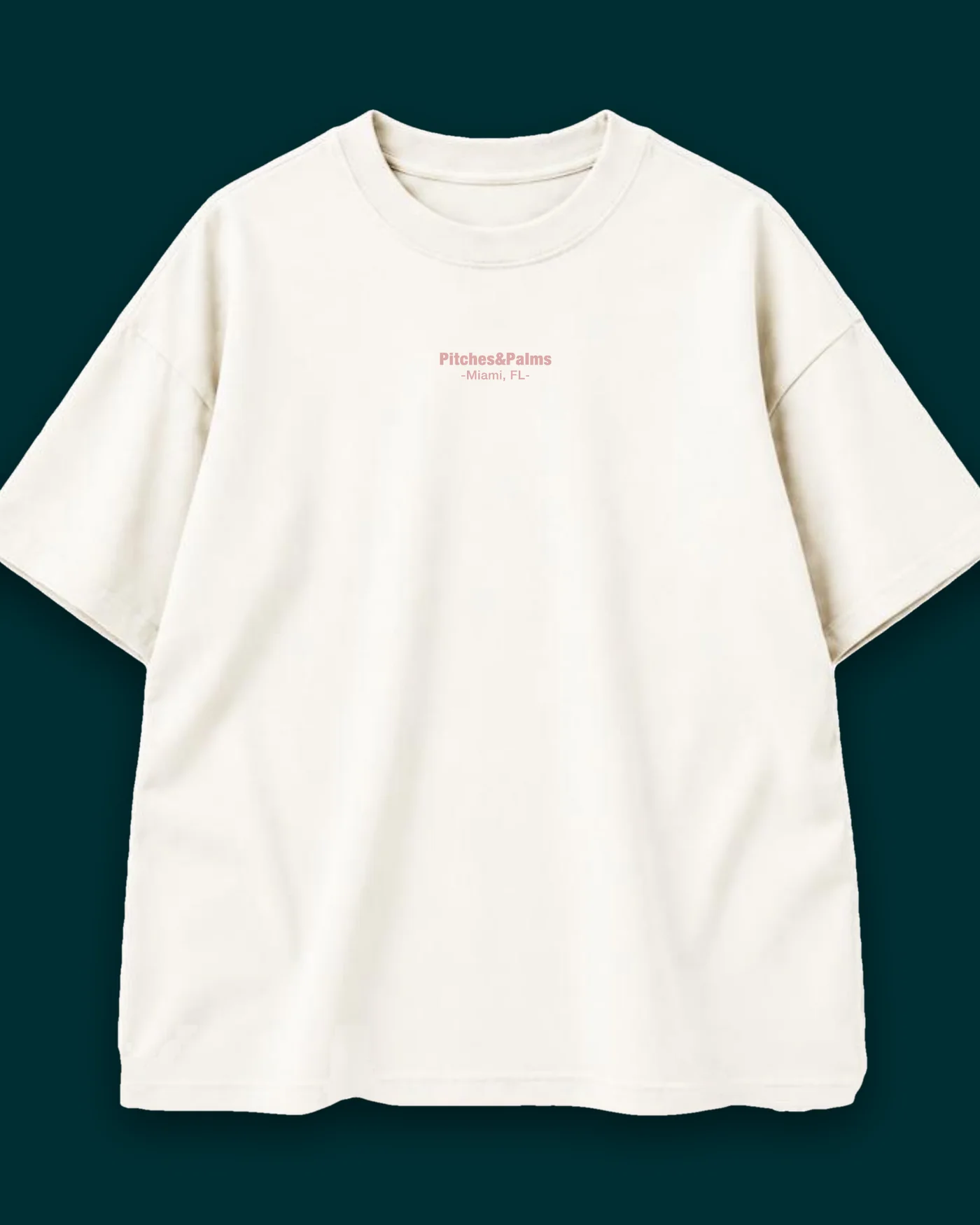 The front of the tee, with Pitches&Palms, Miami, FL printed small on the chest.